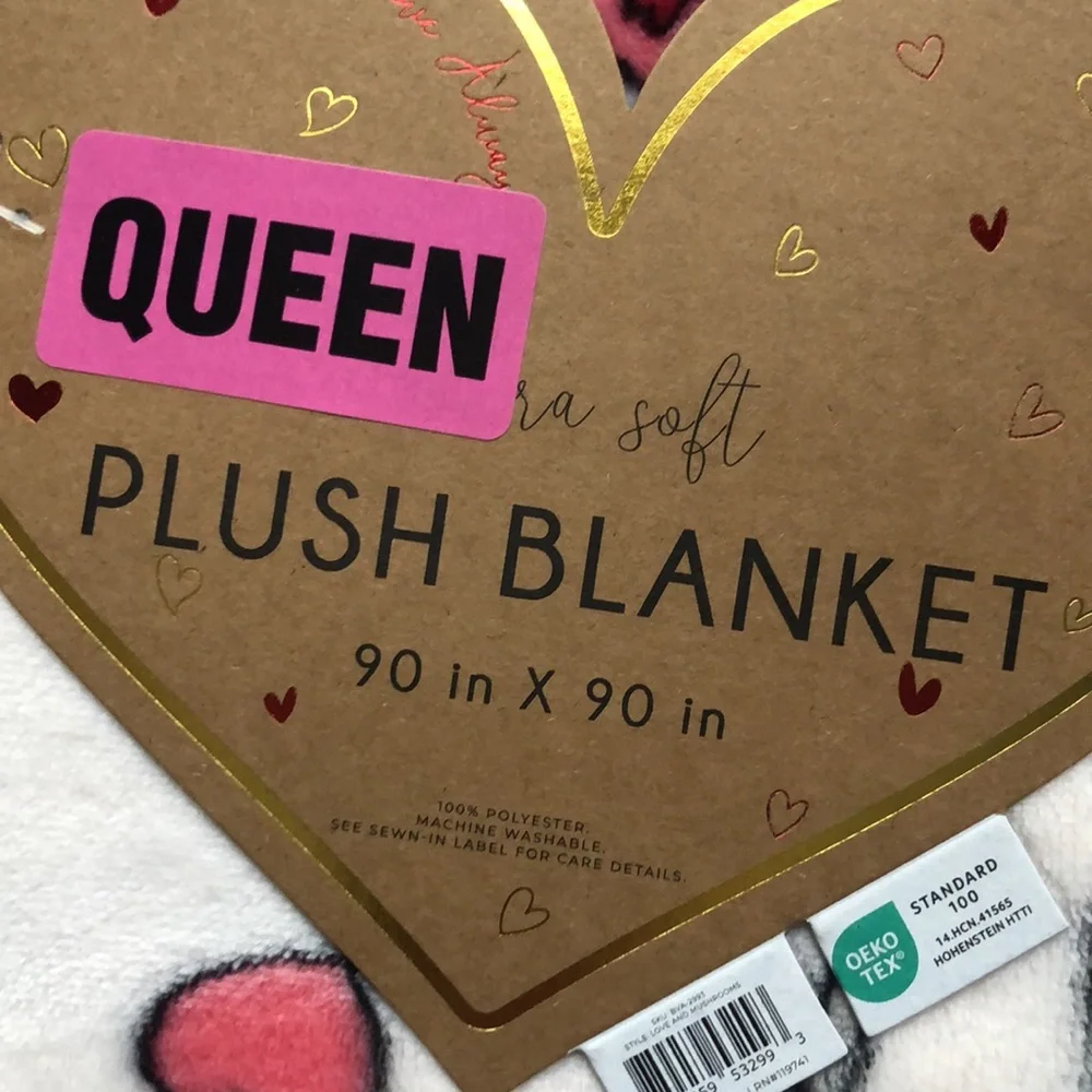 MUSHROOM and HEARTS Plush Queen Blanket